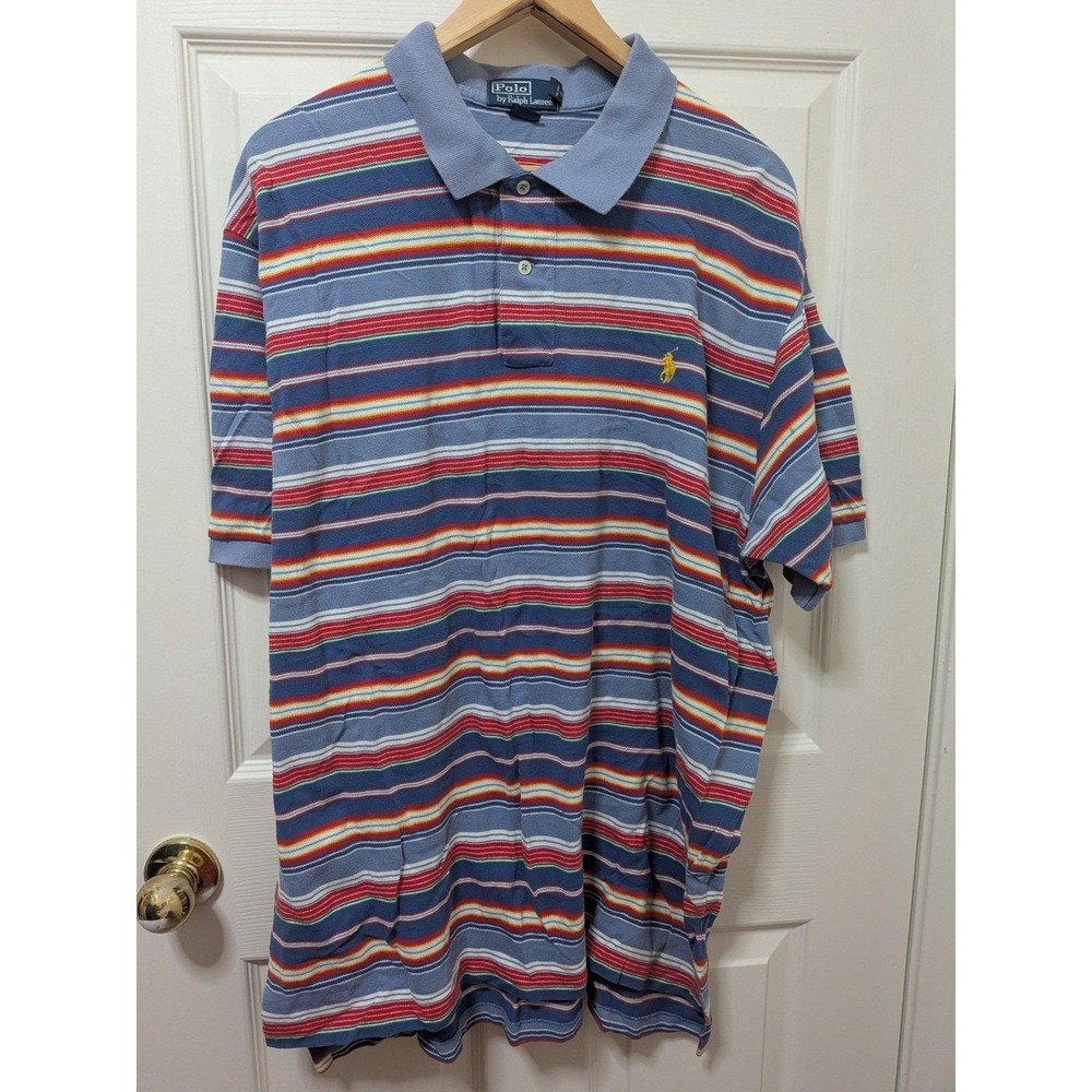 Vintage Polo Ralph Lauren Rugby Shirt Striped Red Blue Pony 90s Preppy Large